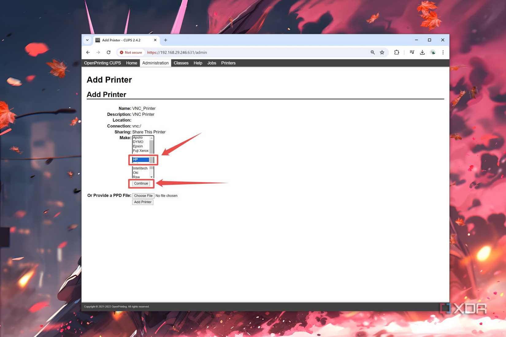 The Make setting highlighted in the CUPS web UI