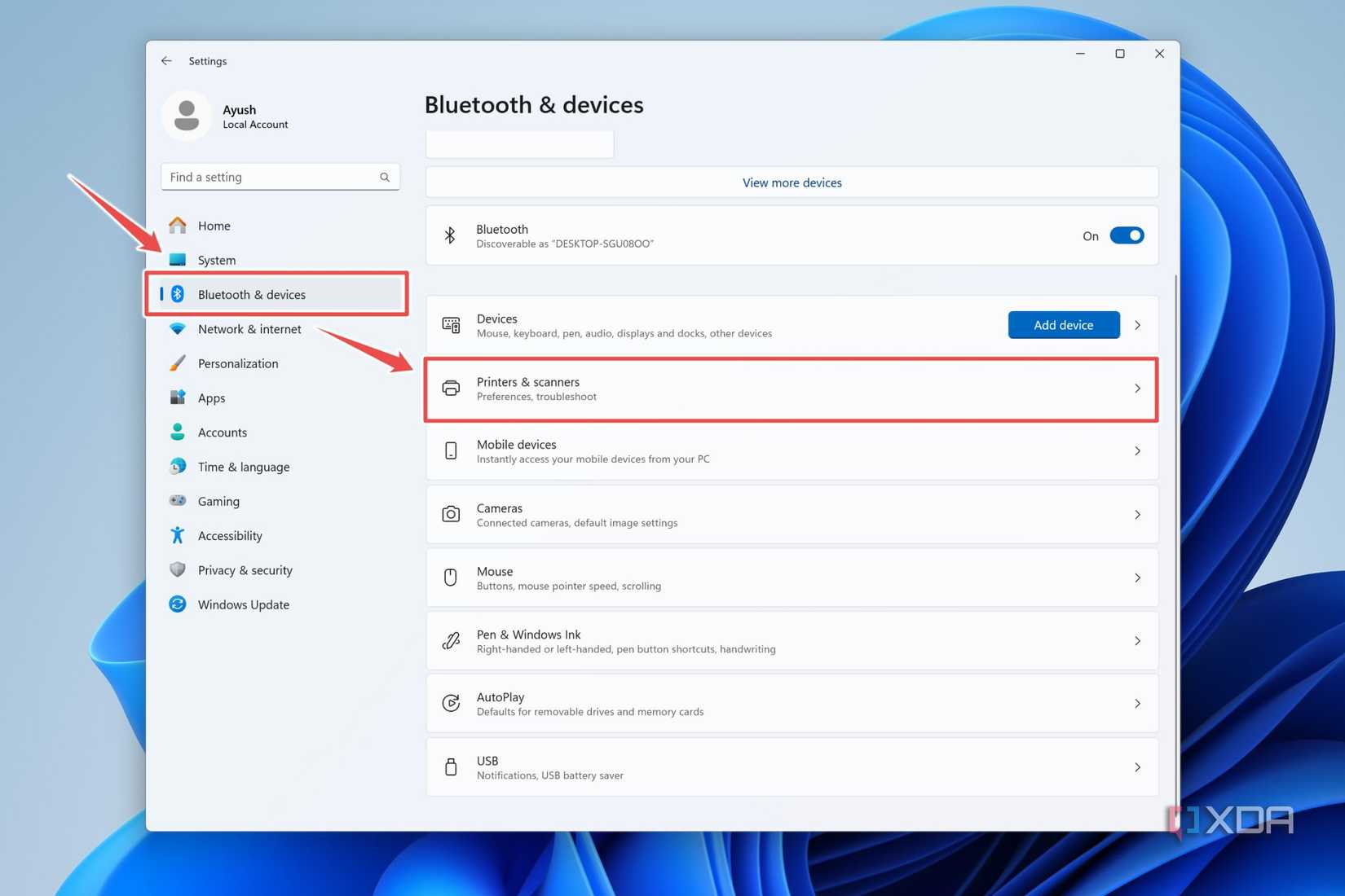 The procedure to access the Printers and scanners in the Settings app