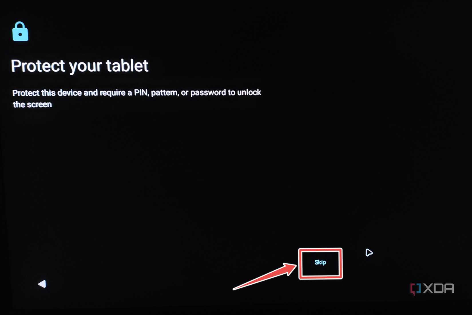 The Protect your tablet page with the Skip button highlighted