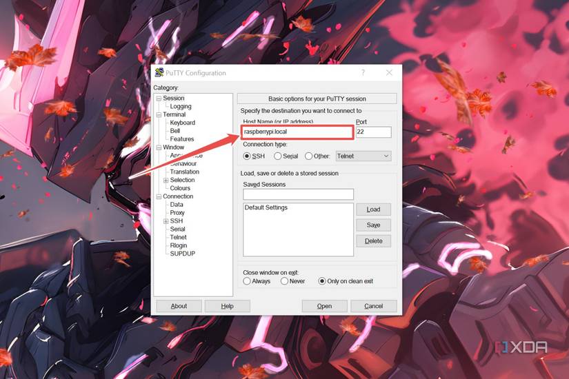 The Raspberry Pi hostname inside PuTTY