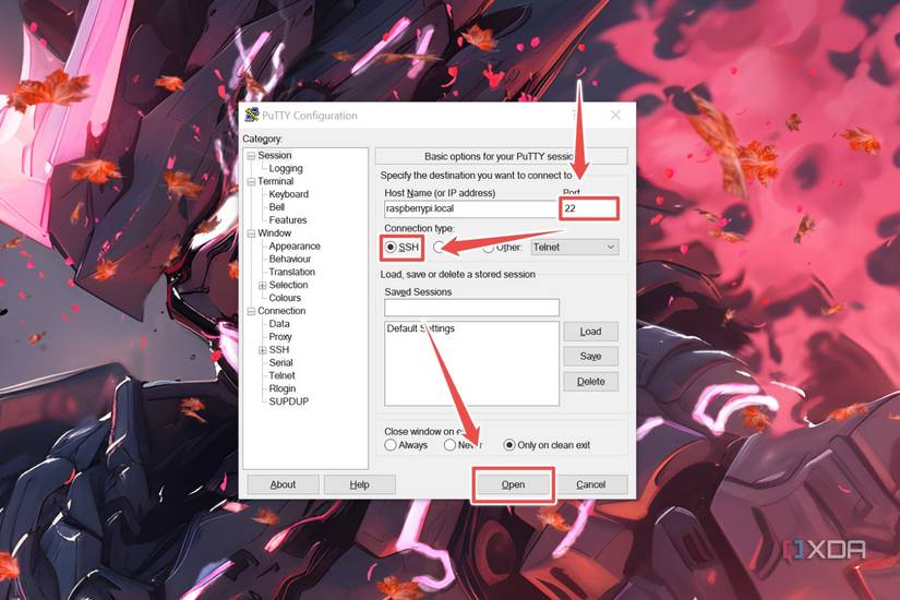 The Port 22, SSH, and Open button highlighted in PuTTY