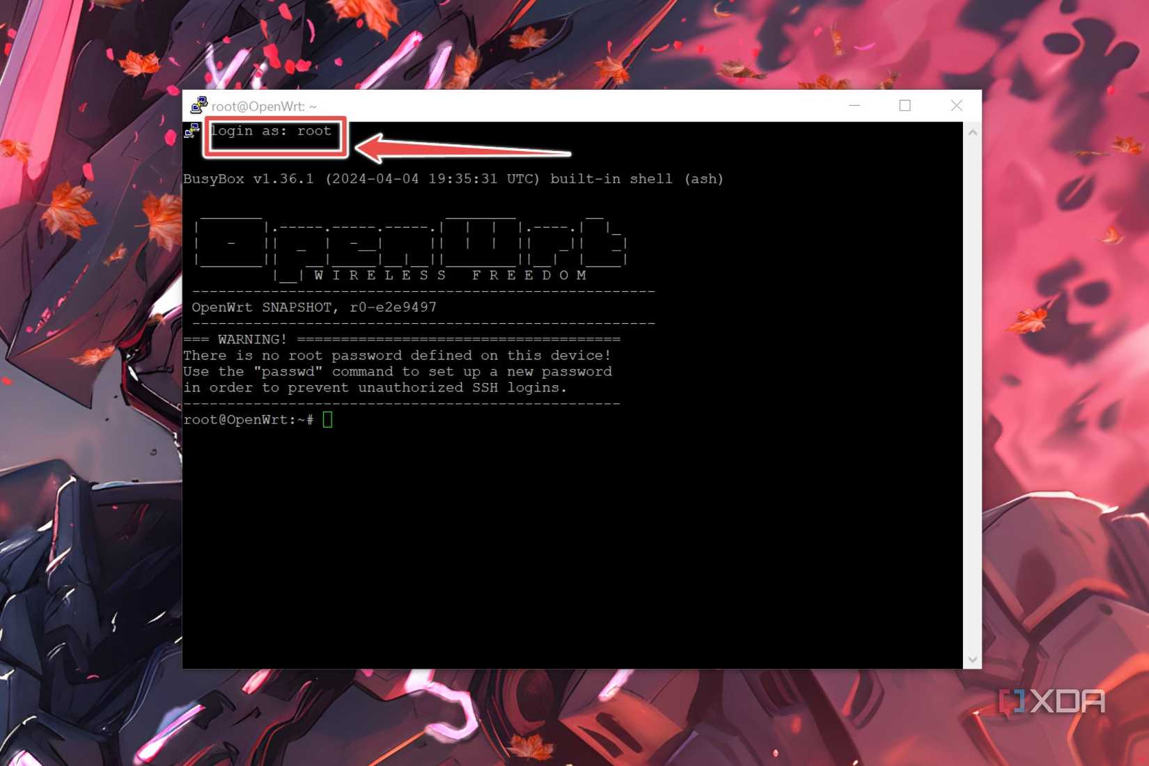 The procedure to log in into the OpenWrt command-line interface