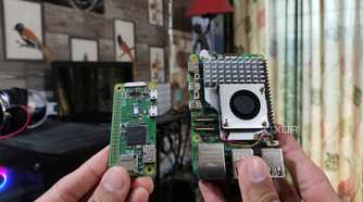 A Raspberry Pi 5 and a Raspberry Pi Zero W held close together