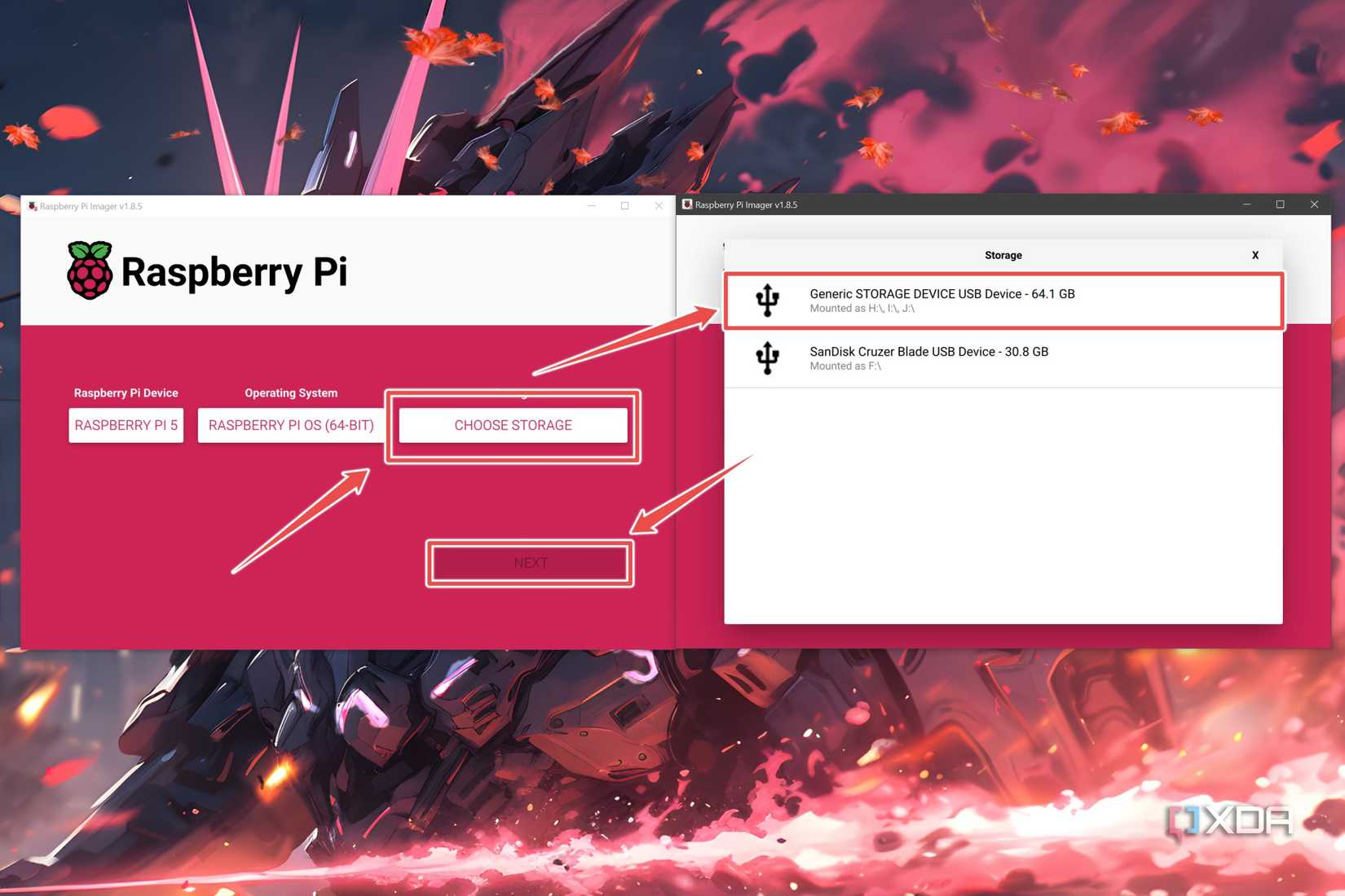 The procedure to choose the microSD card inside the Raspberry Pi Imager