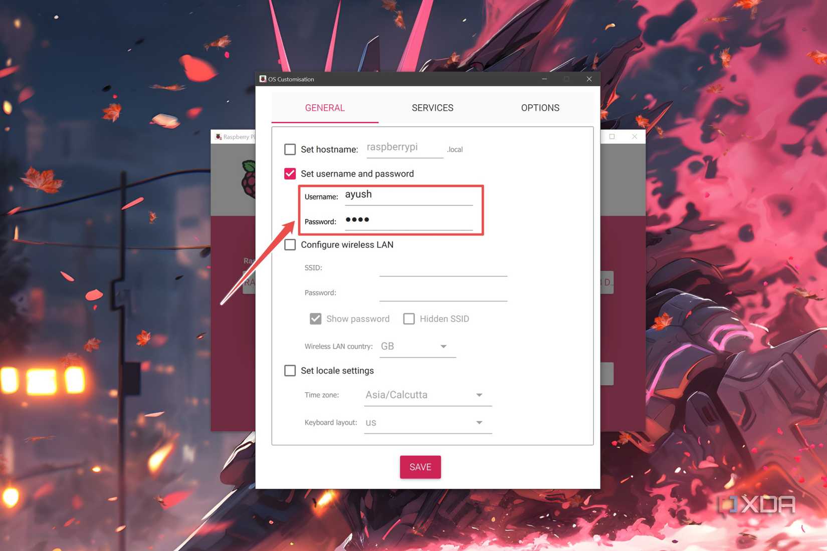 The procedure to enter a username and password in the Raspberry Pi Imager