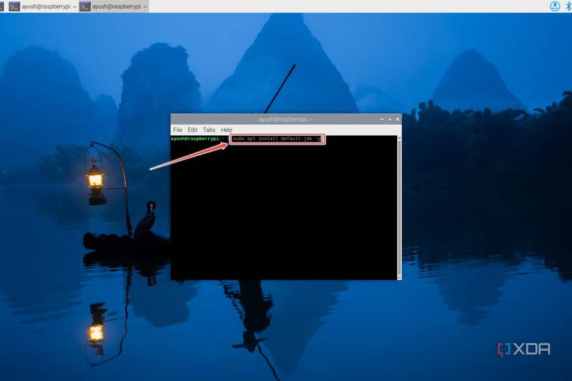 The Raspberry Pi terminal with the JDK command highlighted