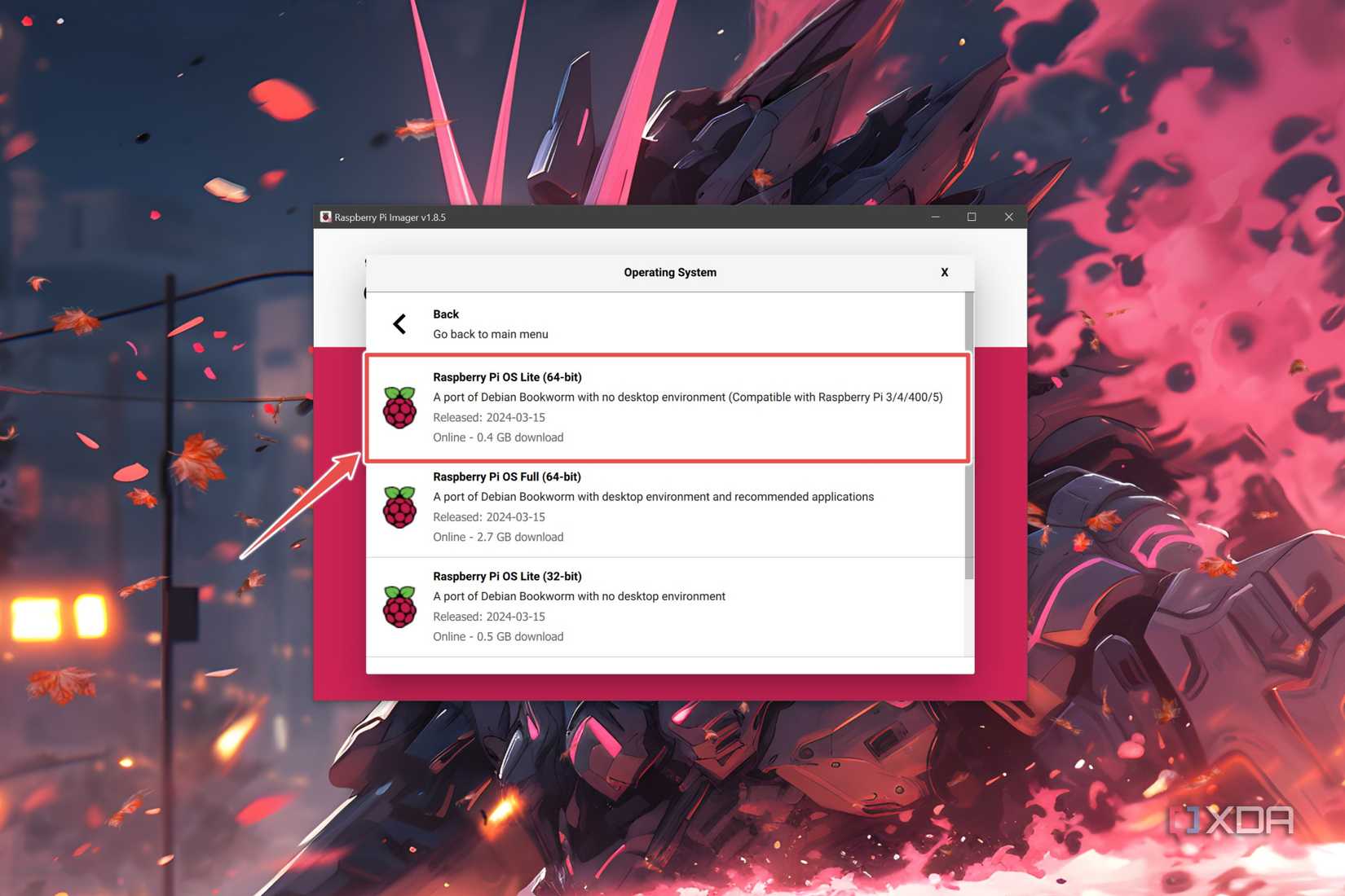 The procedure to pick Raspberry Pi OS Lite inside the Raspberry Pi Imager