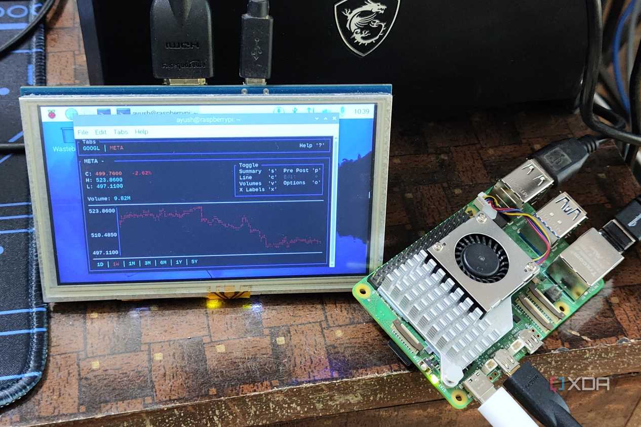 A Raspberry Pi 5 placed next to a portable screen running Tickrs