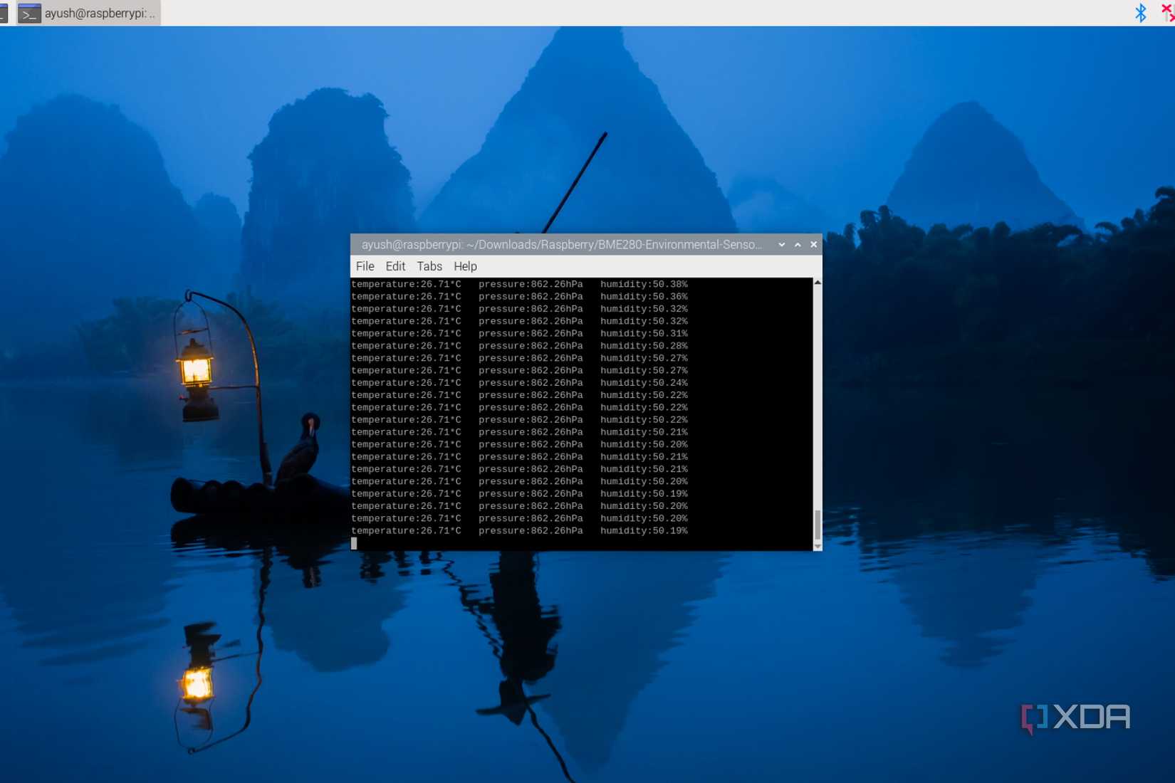 The Raspberry Pi terminal depicting the temperature, pressure, and humidity values generated by the BME280 sensor
