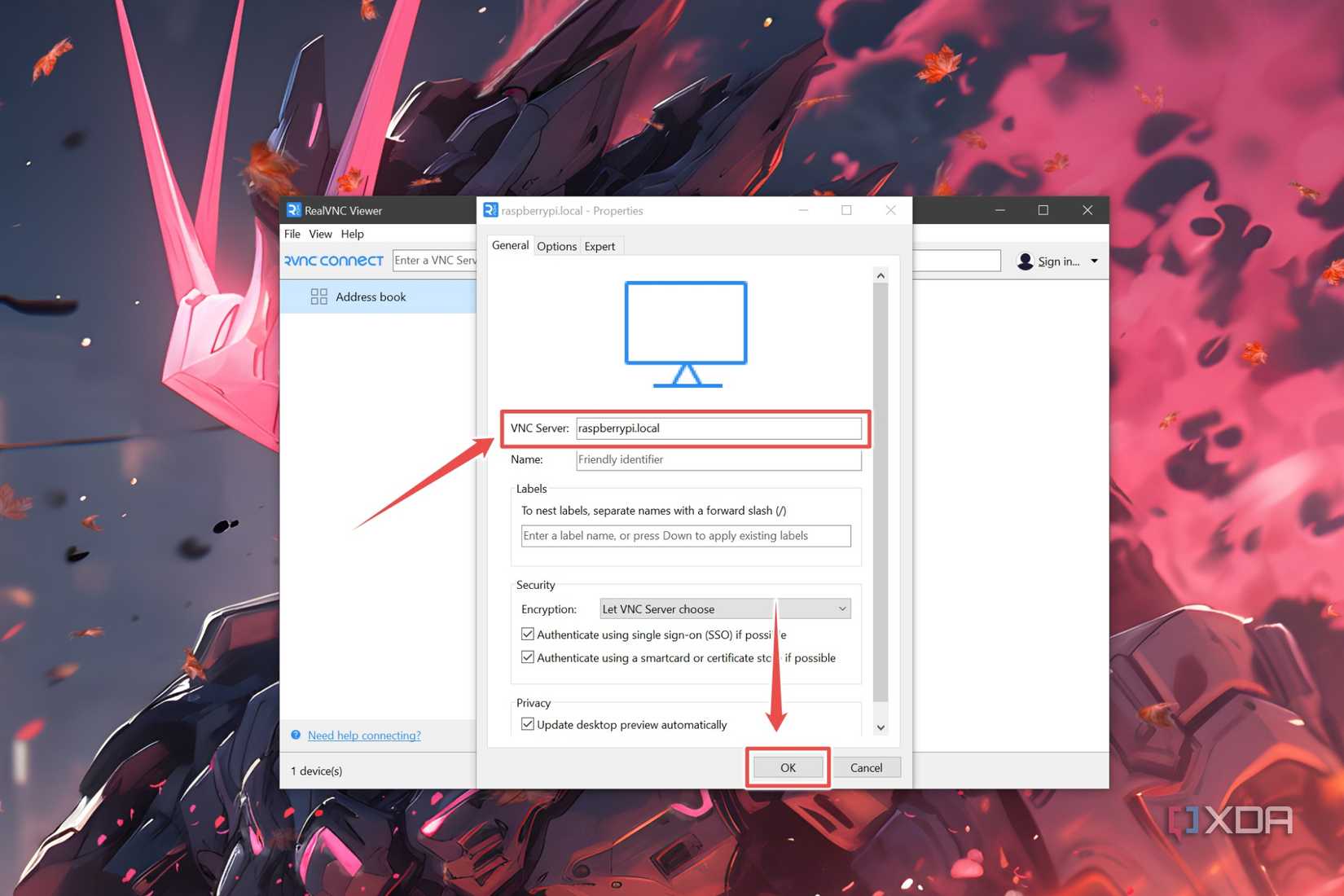 The hostname highlighted inside the RealVNC Viewer