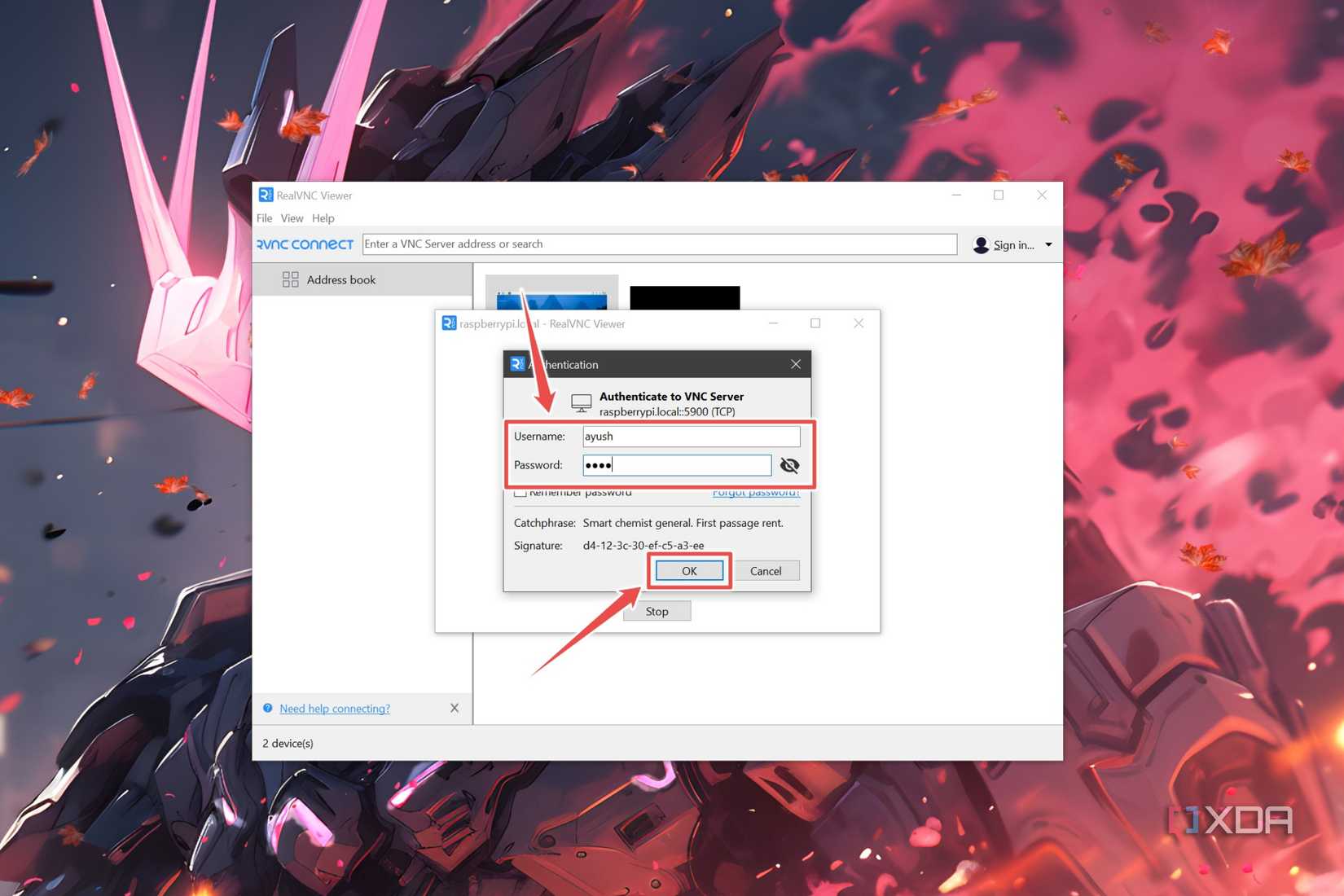 The Username and Password highlighted inside RealVNC