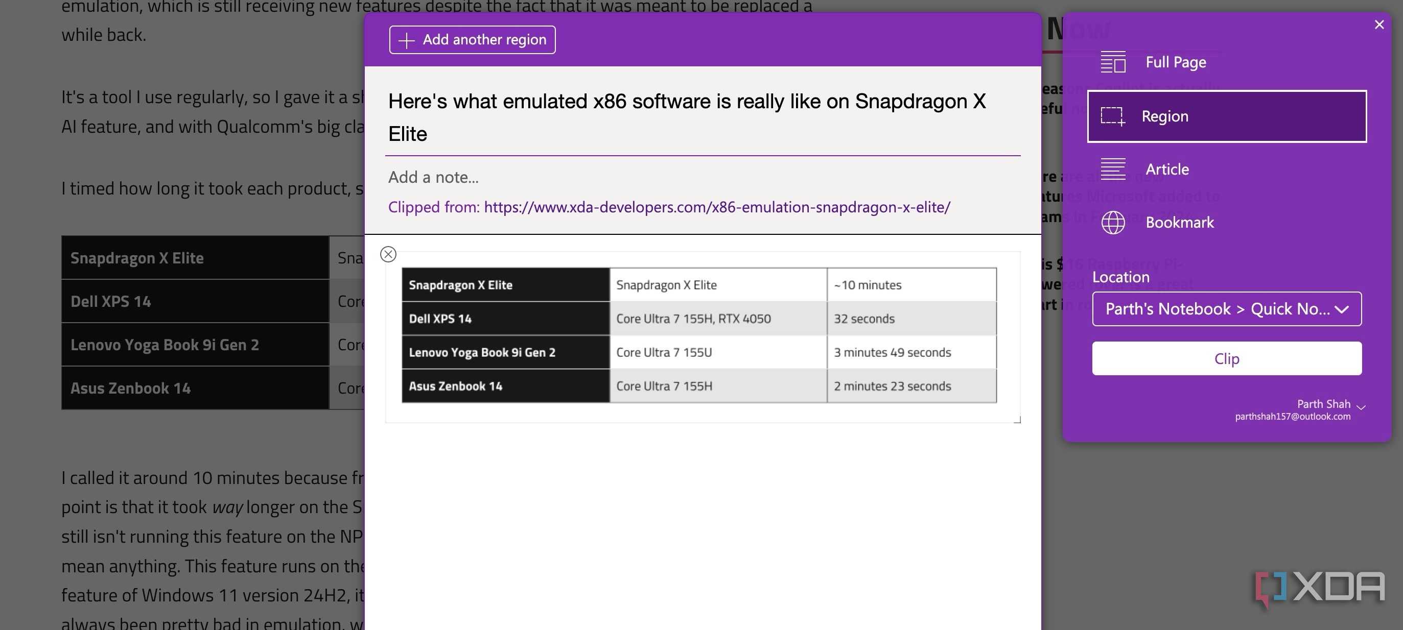 Clip an article region in OneNote