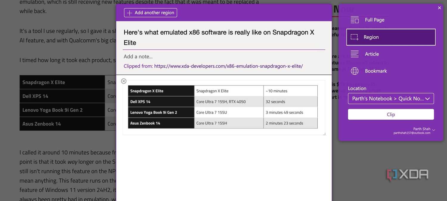Clip an article region in OneNote