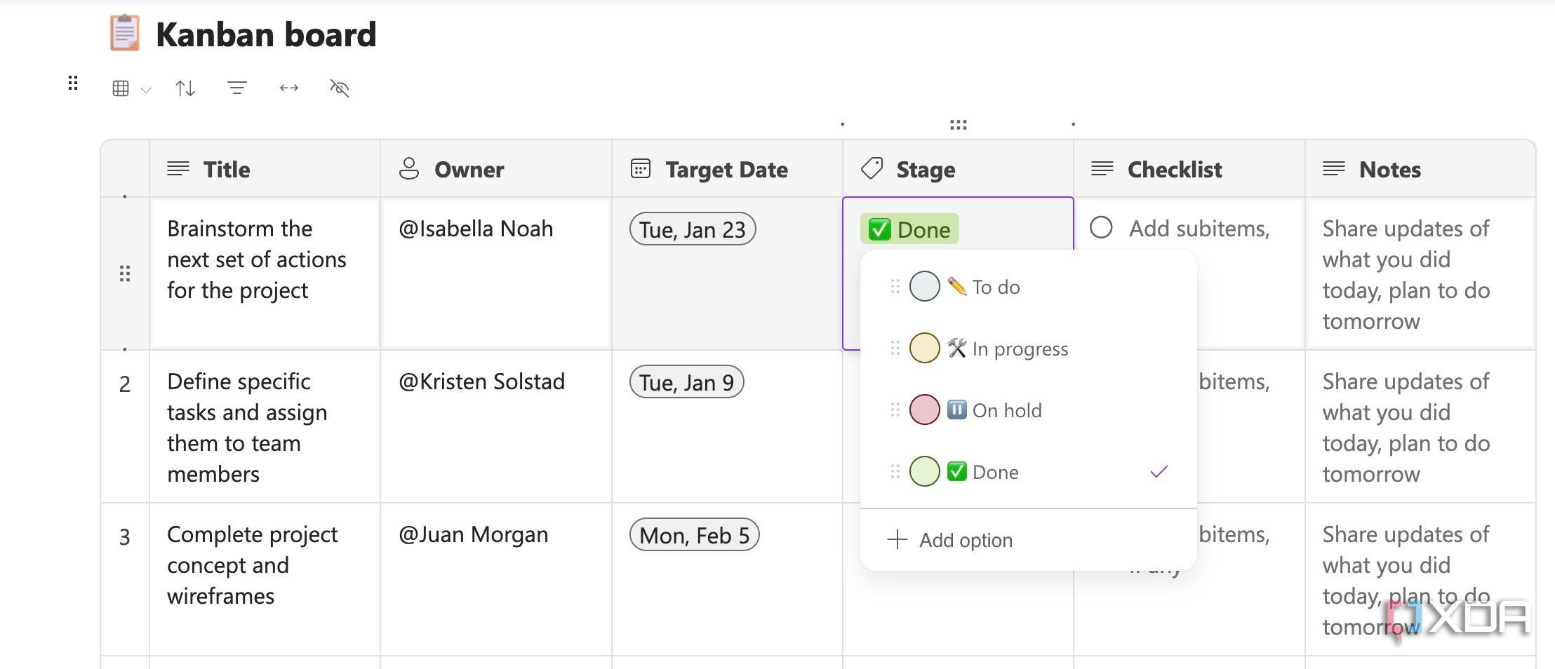 change kanban board view in Microsoft Loop