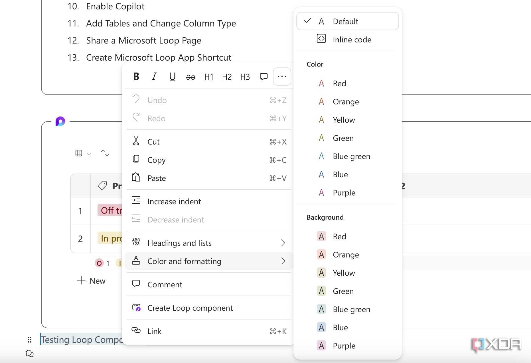Text editing options in Microsoft Loop