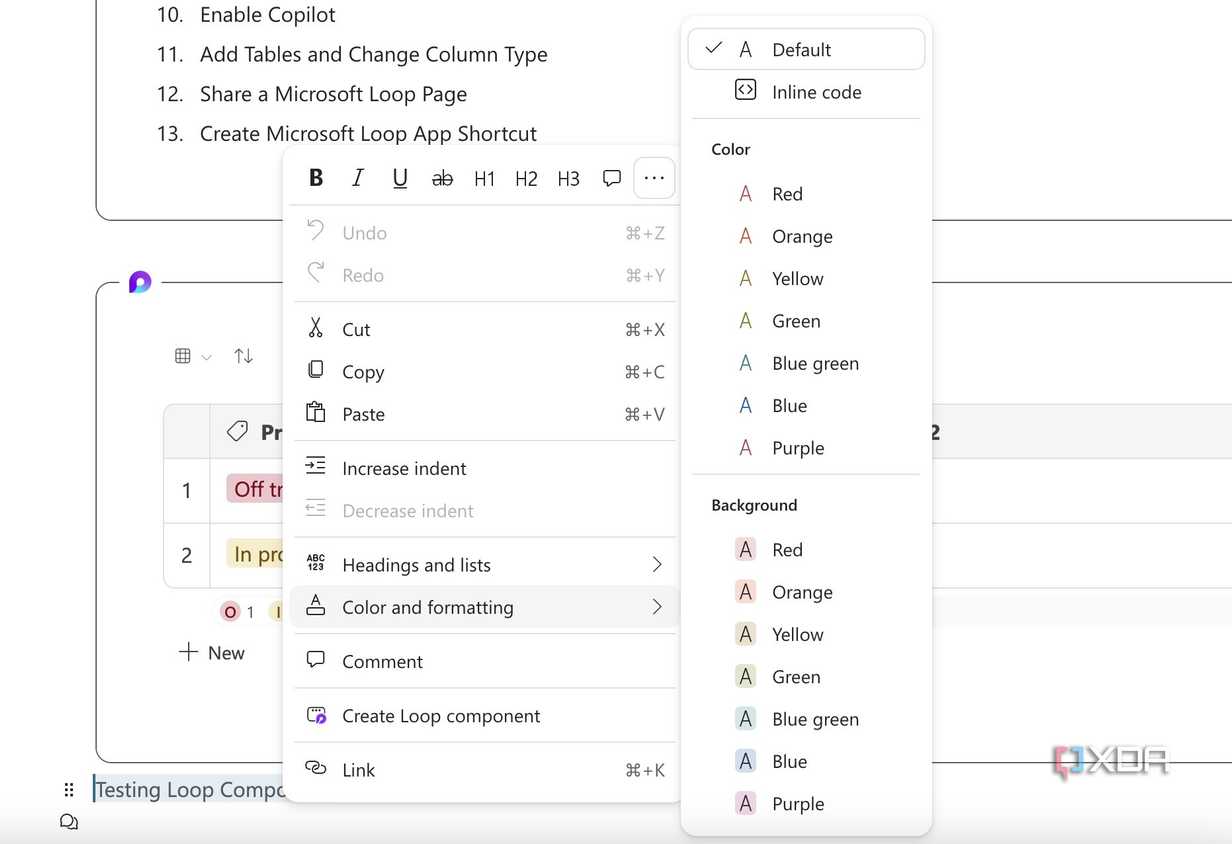 Text editing options in Microsoft Loop