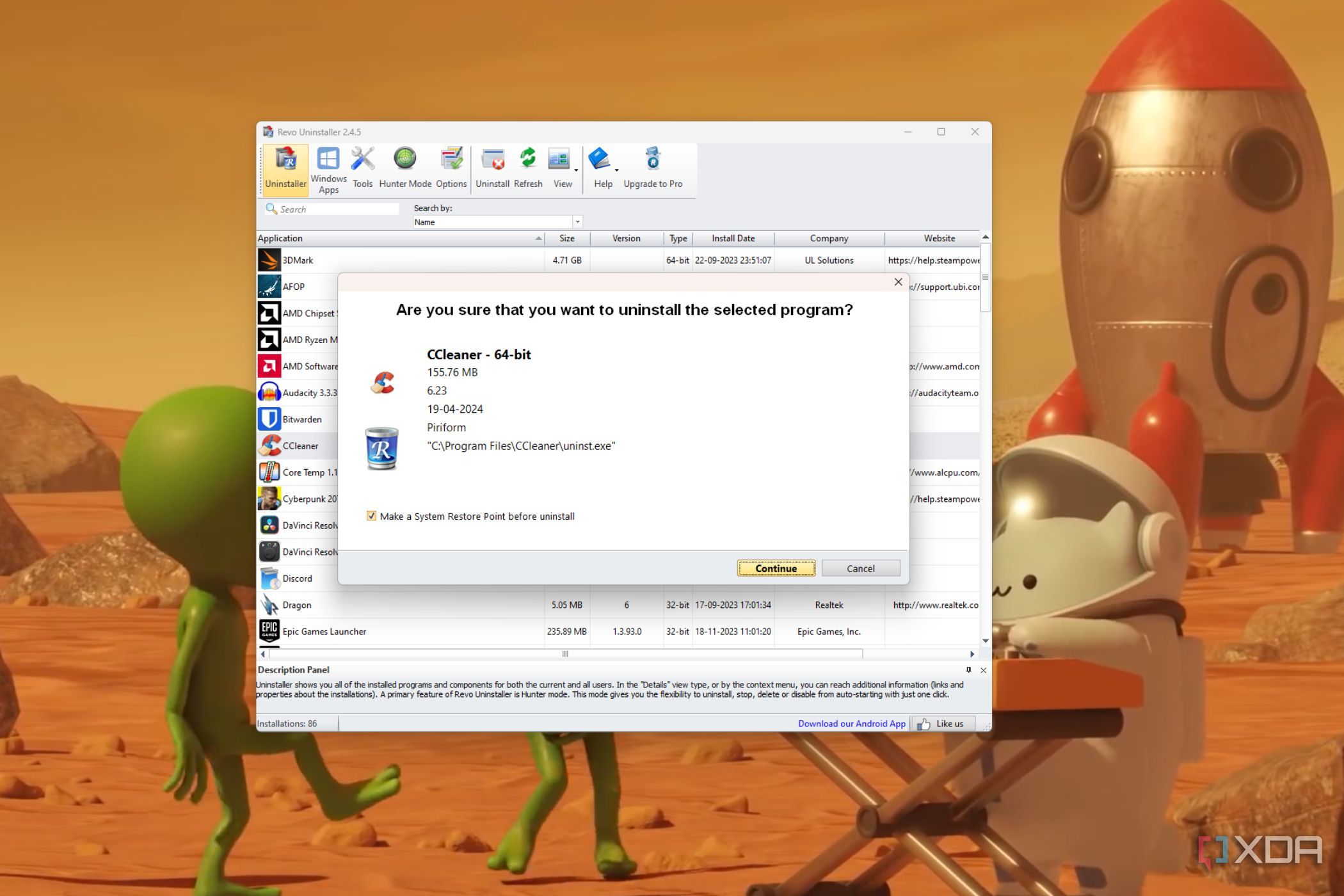 A screenshot showing the Revo unsinstaller removing CCcleaner.