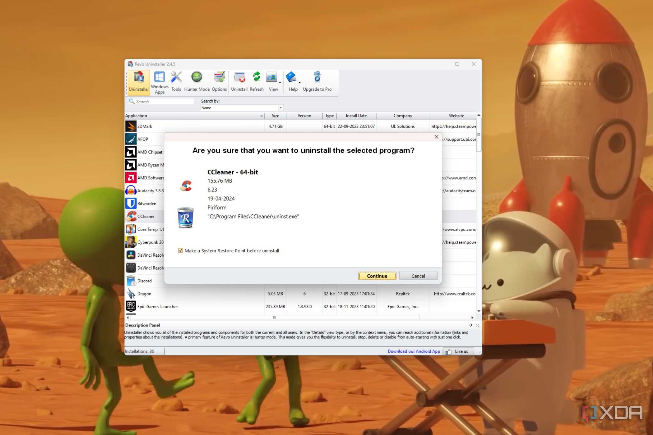 A screenshot showing the Revo unsinstaller removing CCcleaner.
