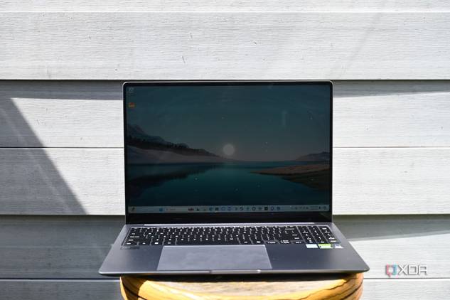Samsung Galaxy Book 4 Ultra on stool against gray vinyl wall