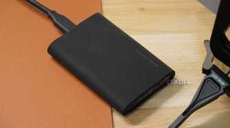 The Samsung T9 Portable SSD on a desk.