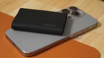 A Samsung T9 Portable SSD on an iPhone 15 Pro Max.
