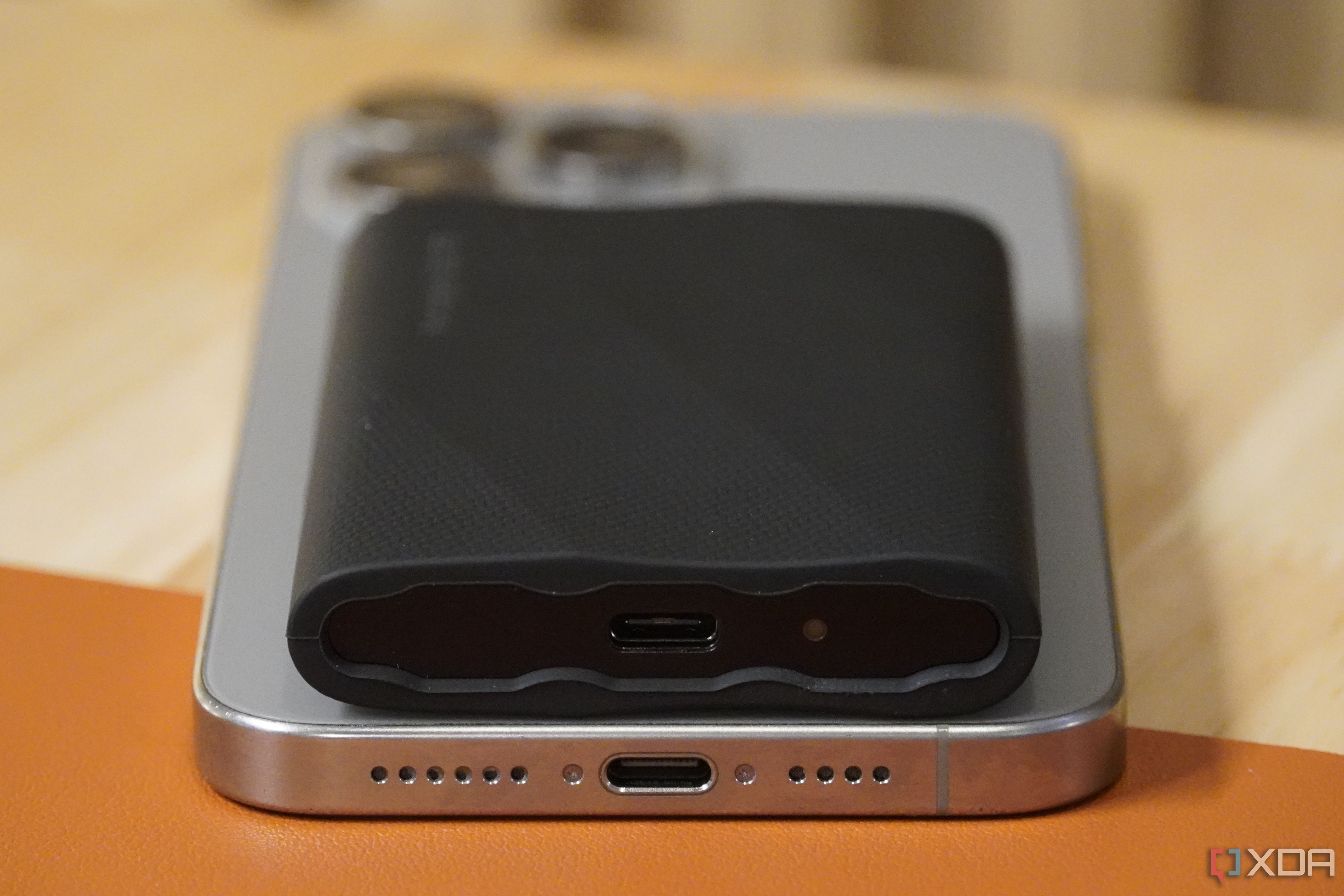The USB-C ports on an iPhone and Samsung T9 SSD.