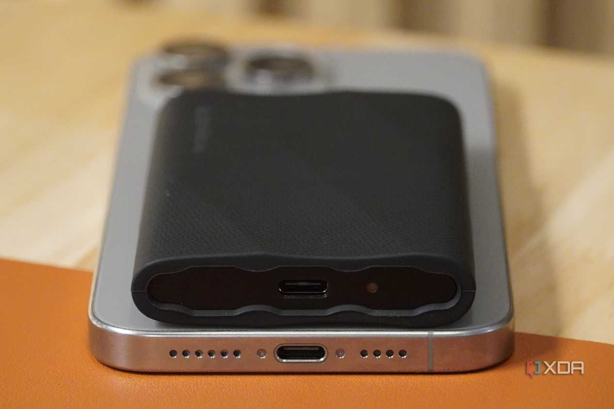 The USB-C ports on an iPhone and Samsung T9 SSD.