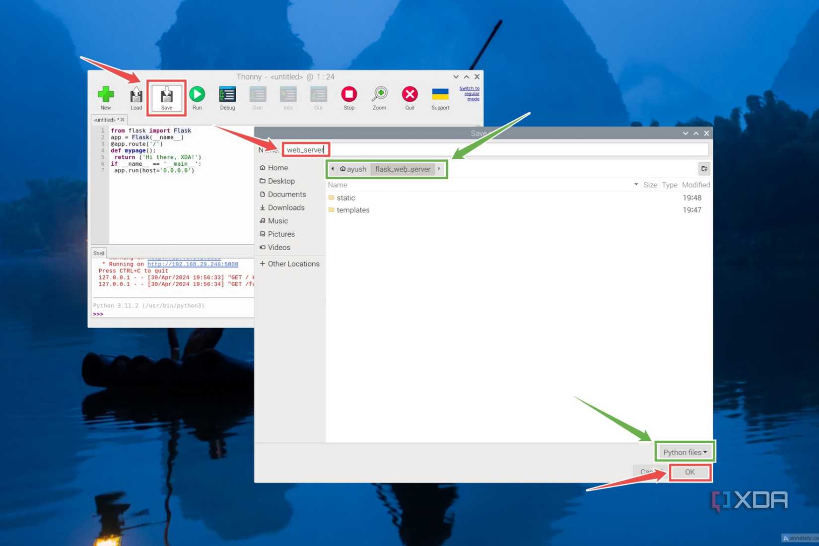 The procedure to save the web_server.py script