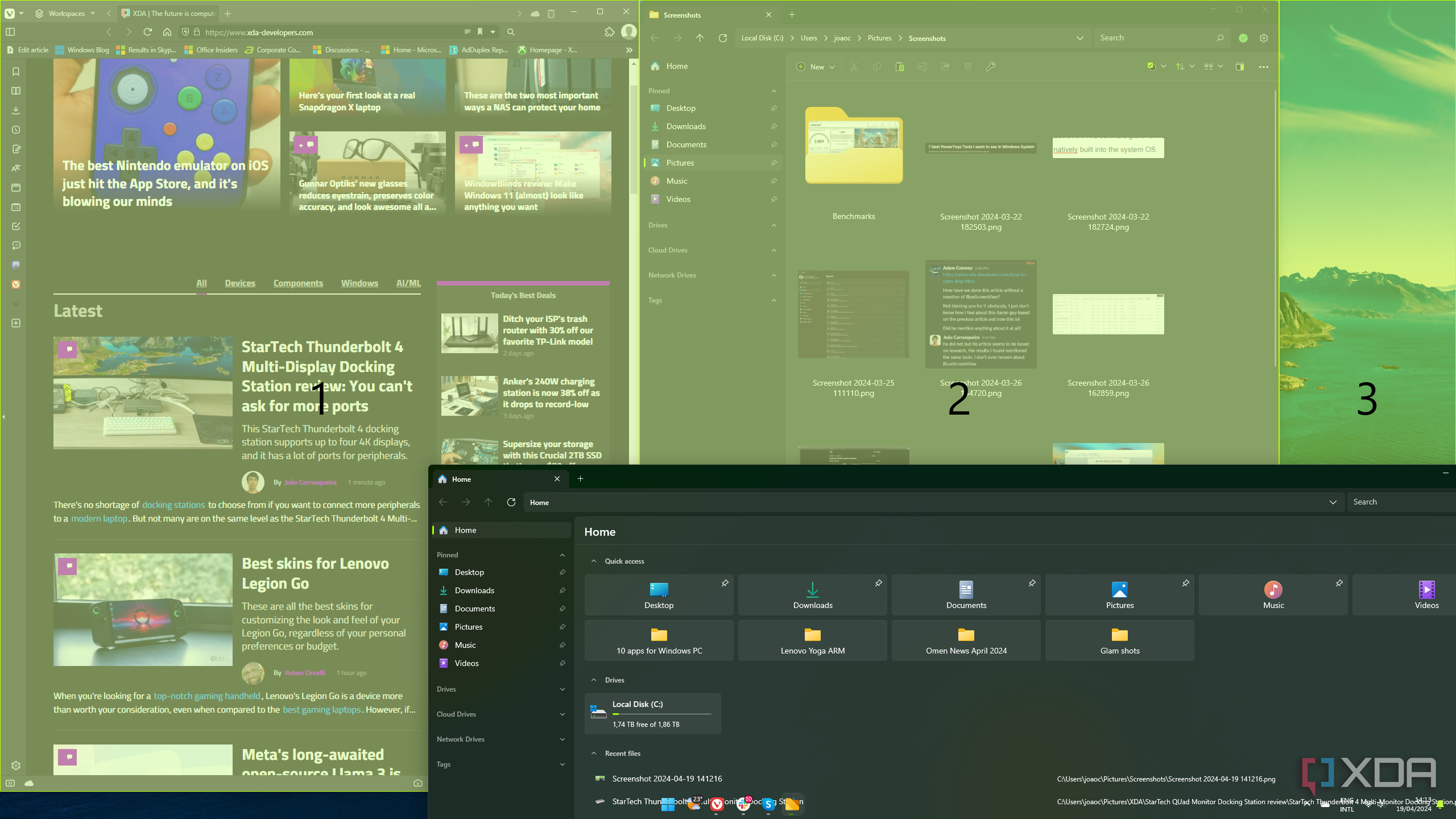 Screenshot of Windows 11 using FancyZones to snap apps to different areas of the screen in a custom layout