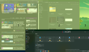 Screenshot of Windows 11 using FancyZones to snap apps to different areas of the screen in a custom layout