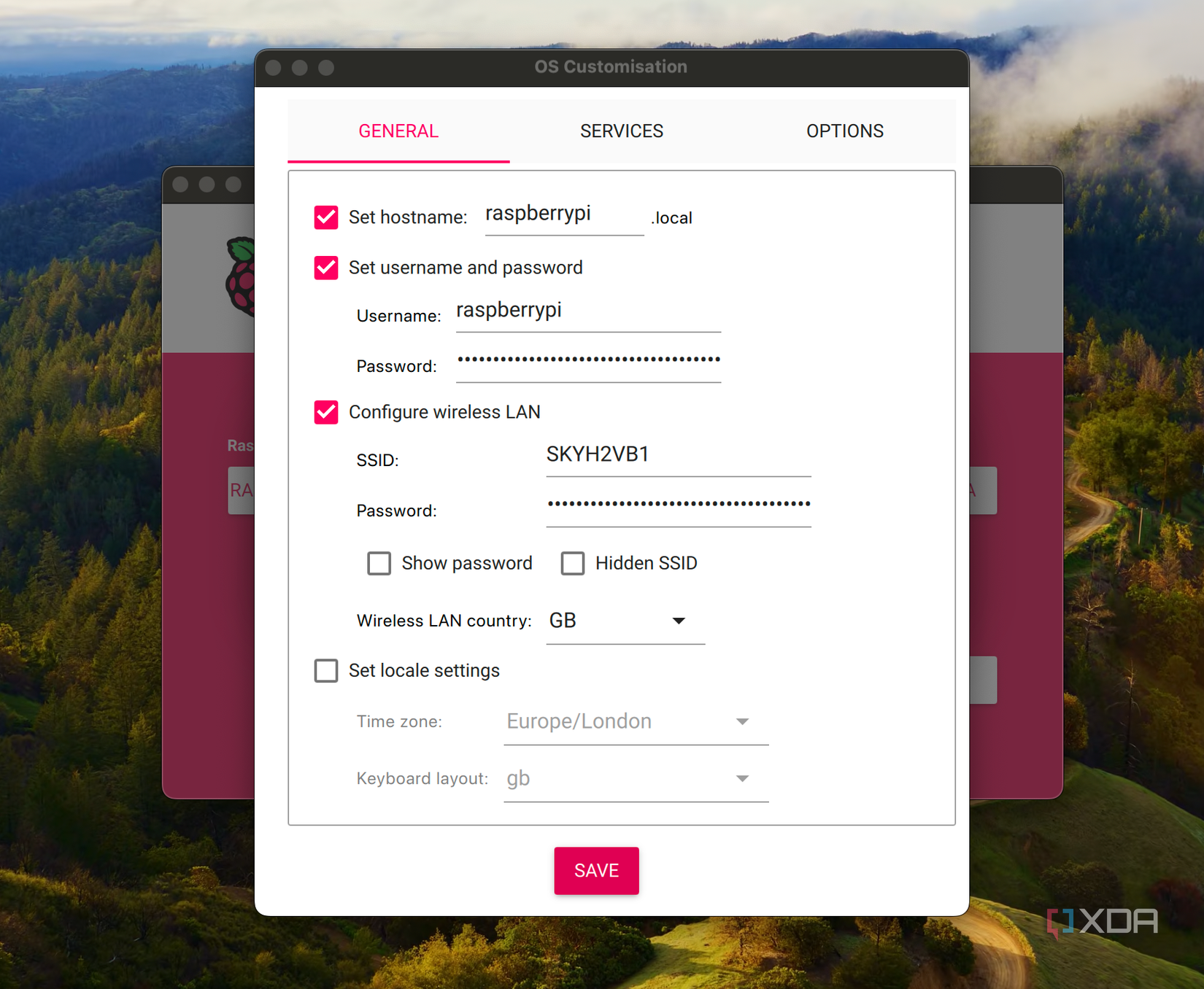Screenshot of the configuration pane for the Raspberry Pi Imager.