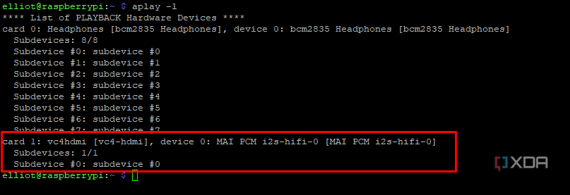 Screenshot of Aplay output on the Raspberry Pi.