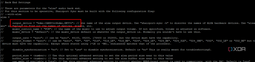 Screenshot of the default output settings of Shairport-conf