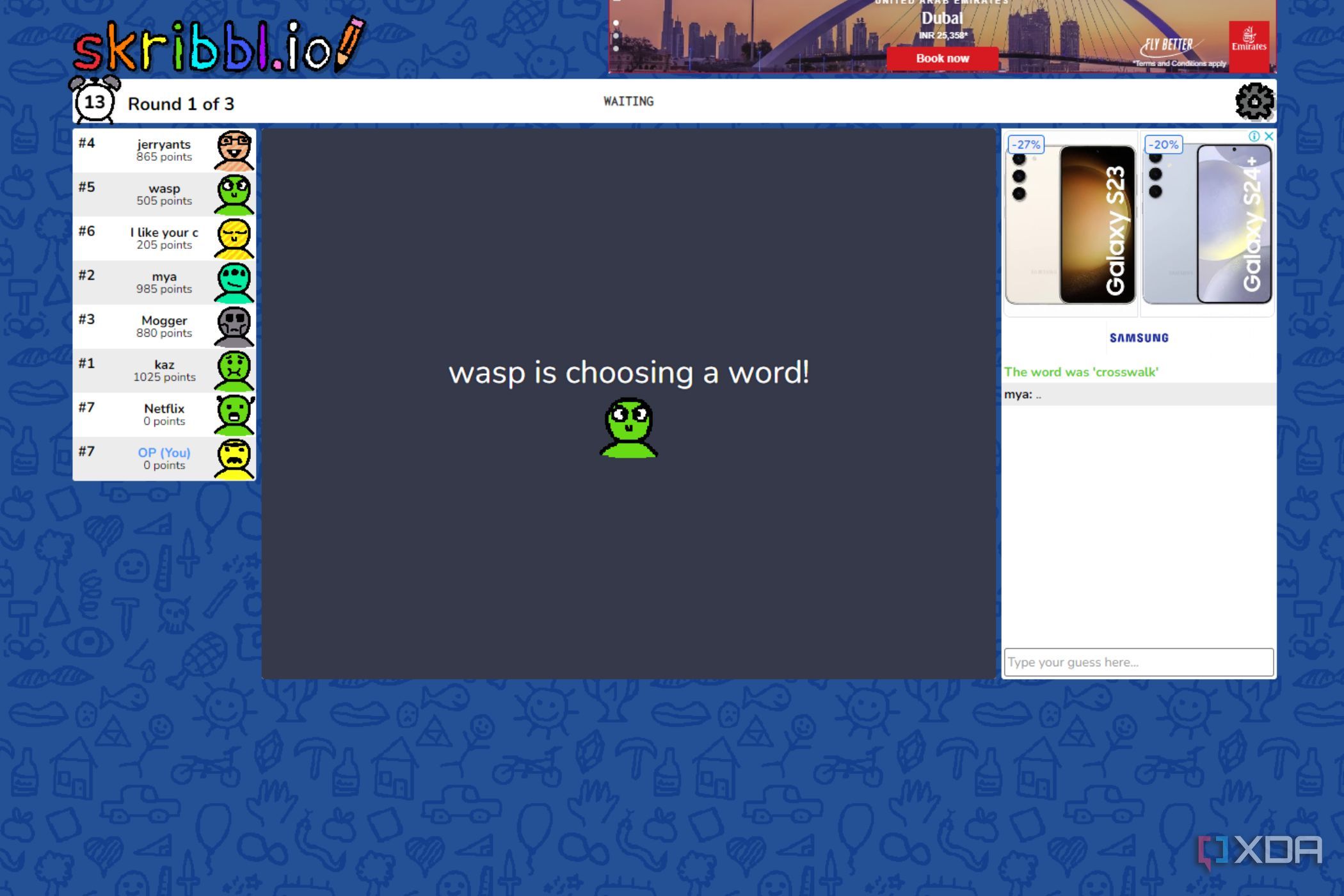 A screenshot showing the Scribbl.io gameplay.