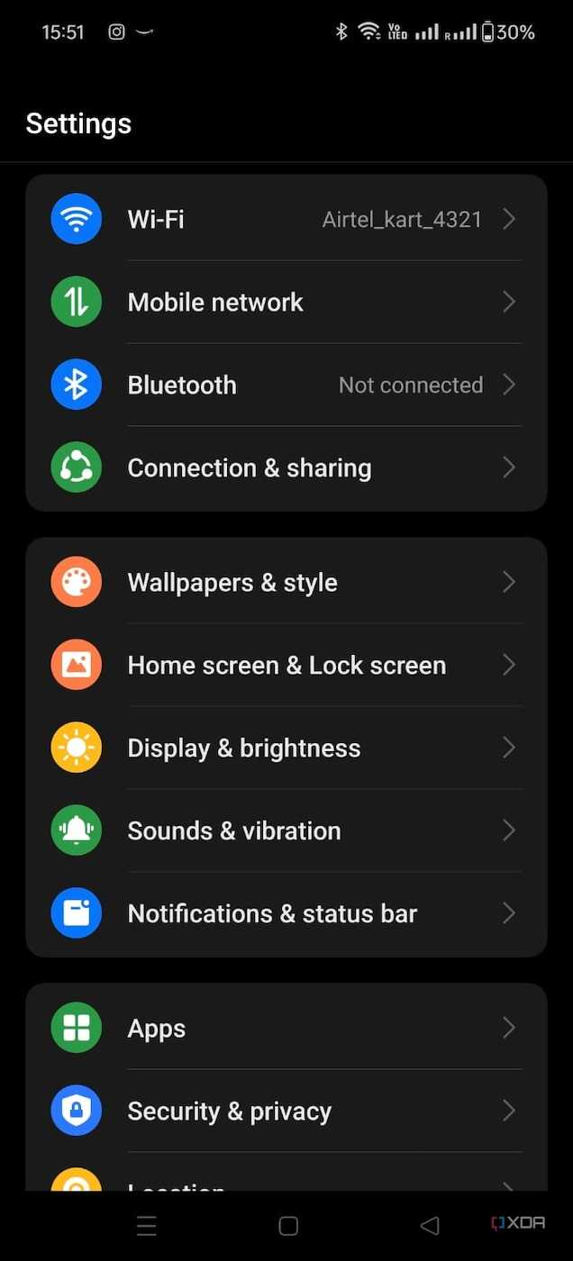 An image showing the highlighted settings page on OnePlus phone.