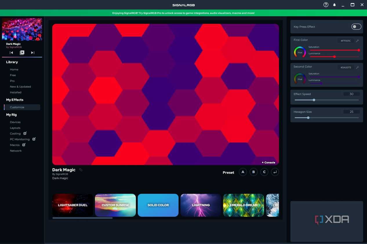 Screenshot of SignalRGB's customize effect screen