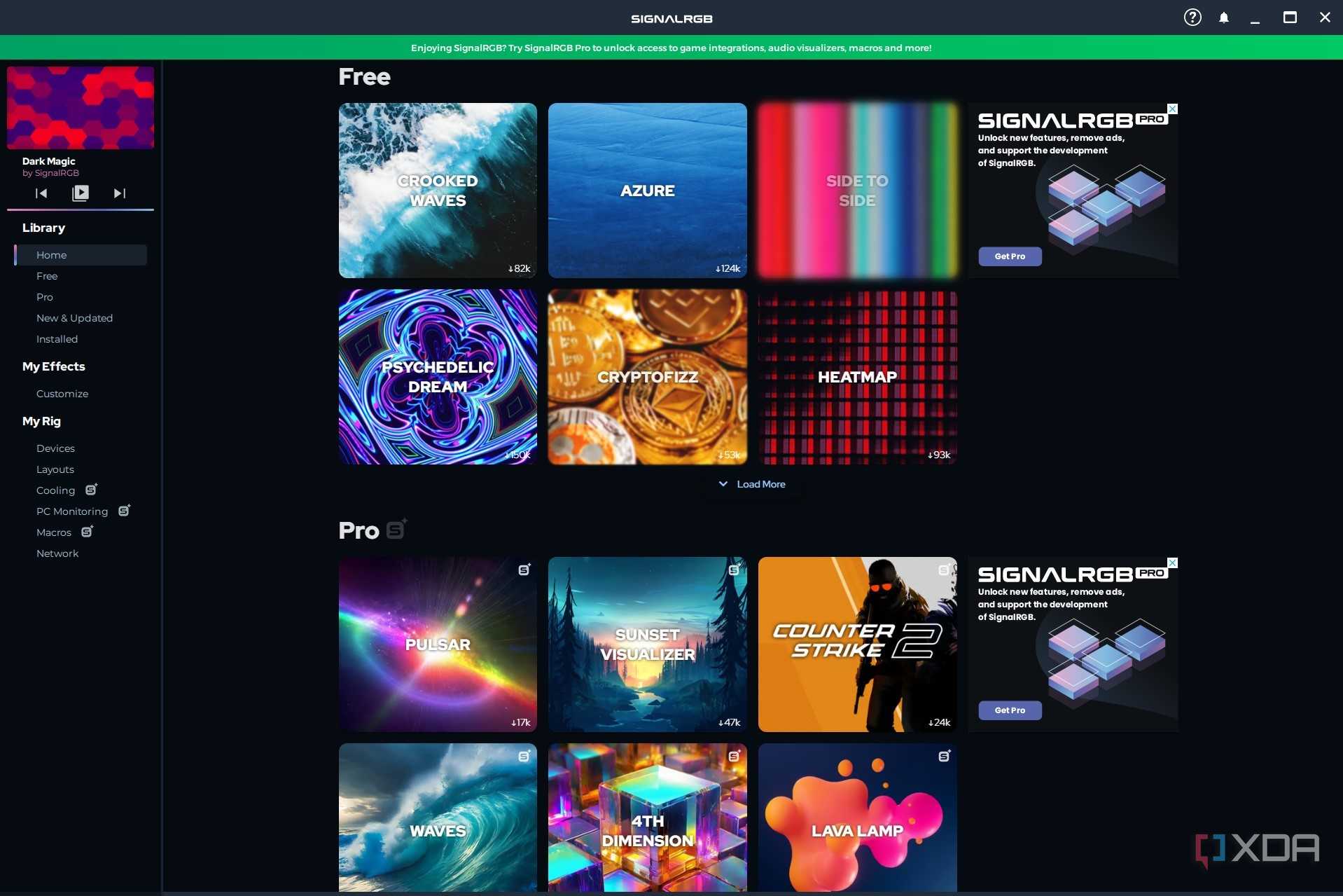 Screenshot of free and Pro SignalRGB effects