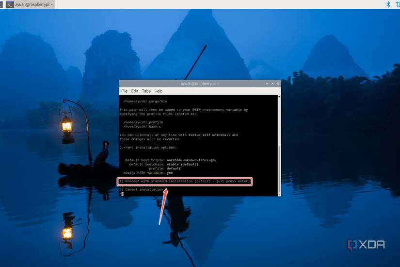 The option to proceed with the standard installation of Rust