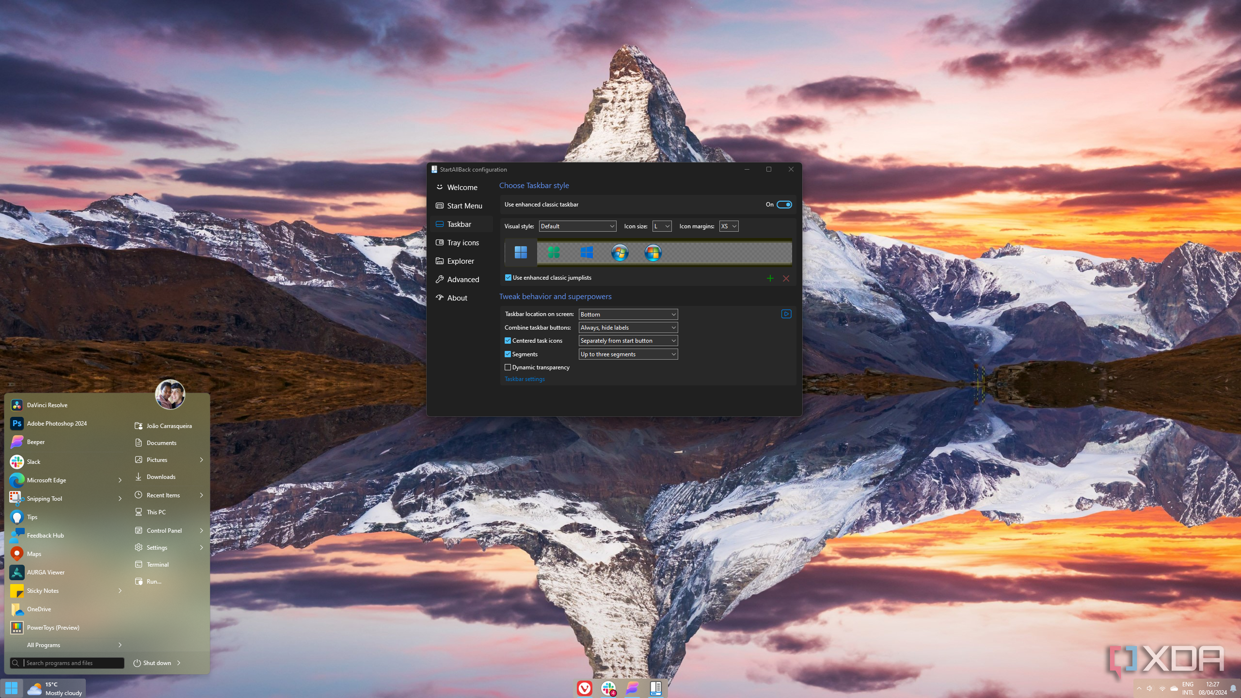 Screenshot of a Windows 11 desktop with StartAllBack showing the taskbar with the Start menu in the left corner but centered icons