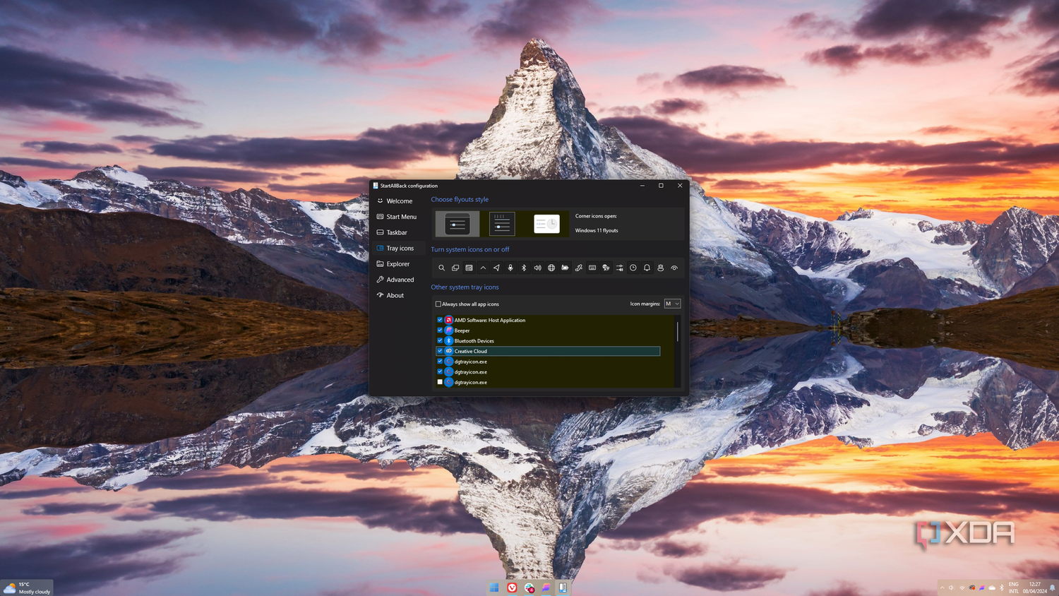Screenshot of StartAllBack settings showing the system tray icons that can be enabled by the user