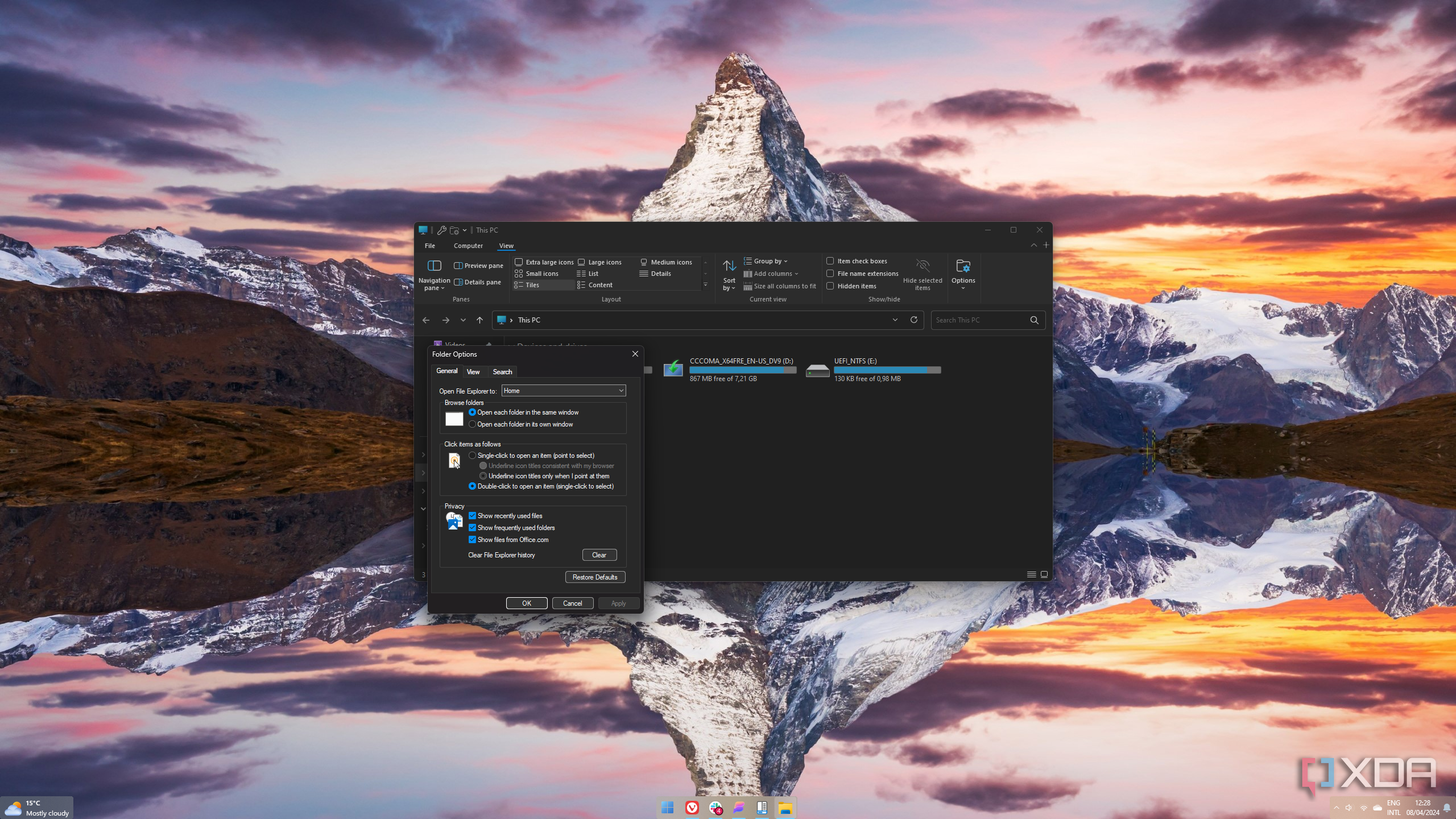 Screenshot of Windows 11 File Explorer with the Options dialog in dark mode