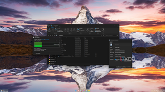 Screenshot of File Explorer with a transfer dialog and a properties window open with dark mode enabled
