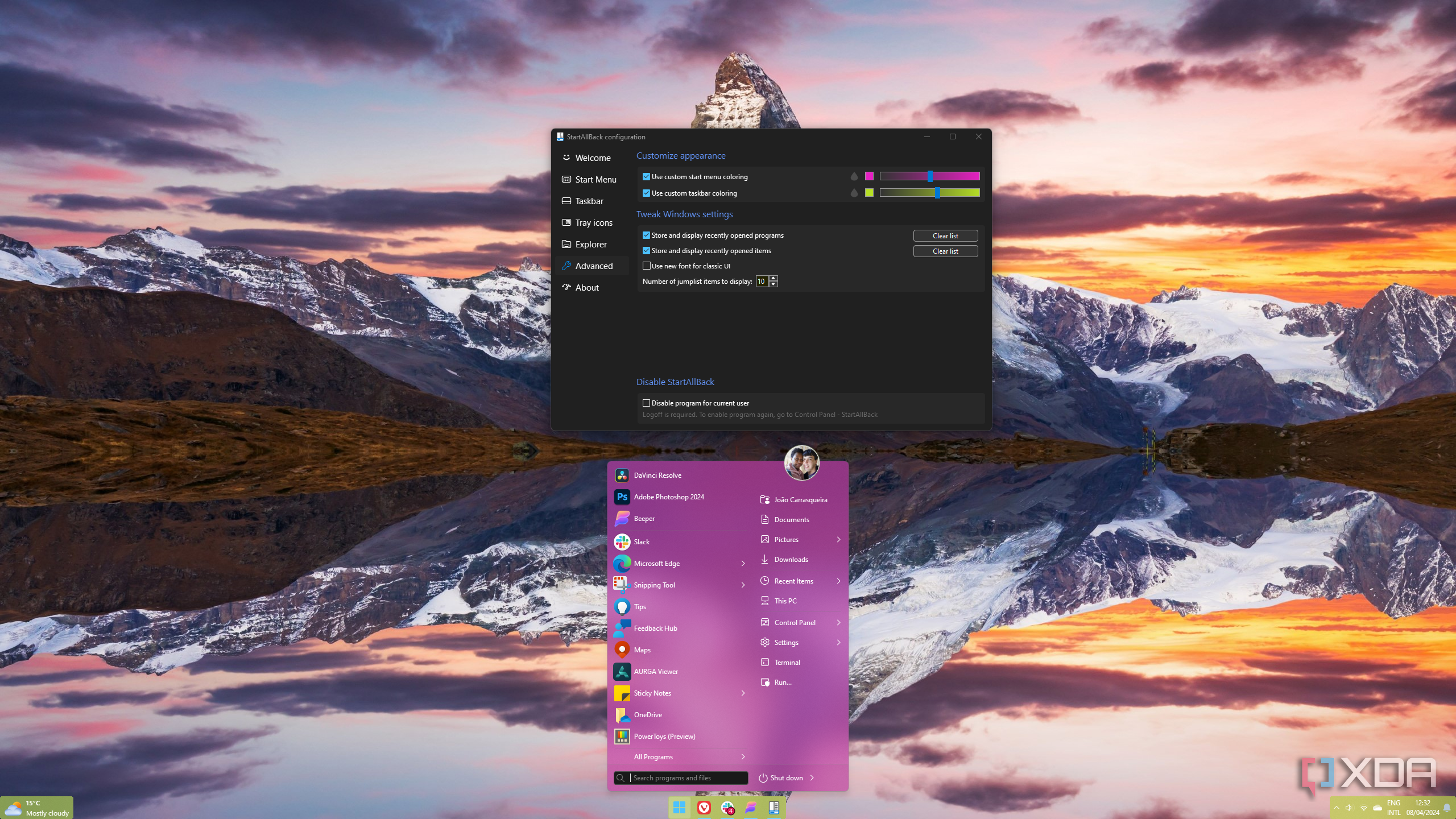 Screenshot of a Windows 11 desktop with StartAllBack showing a artly transparent taskbar in green and a purple Start menu