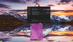 Screenshot of a Windows 11 desktop with StartAllBack showing a artly transparent taskbar in green and a purple Start menu