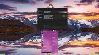 Screenshot of a Windows 11 desktop with StartAllBack showing a artly transparent taskbar in green and a purple Start menu