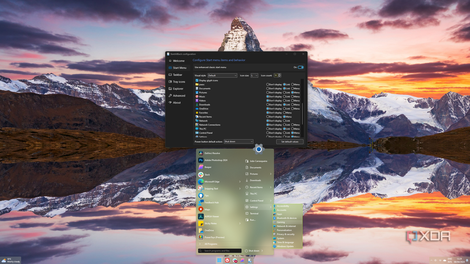 Screenshot of a Windows 11 desktop with StartAllBack Start menu showing a menu list for the Settings app