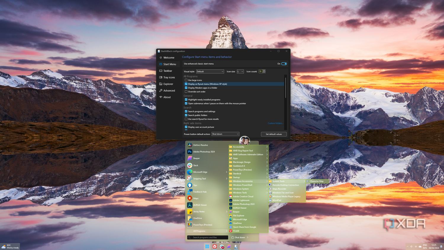 Screenshot of a Windows 11 desktop with StartAllBack Start menu showing the All Programs menu in Windows XP style