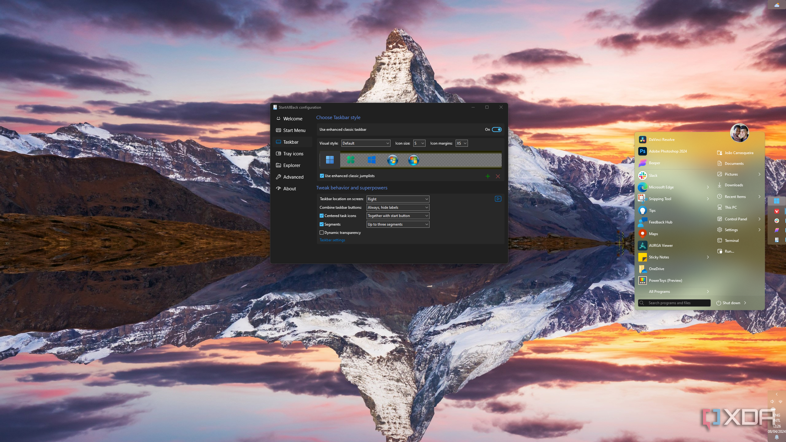 Screenshot of a Windows 11 desktop with StartAllBack showing the taskbar on the right side and with extra small icons