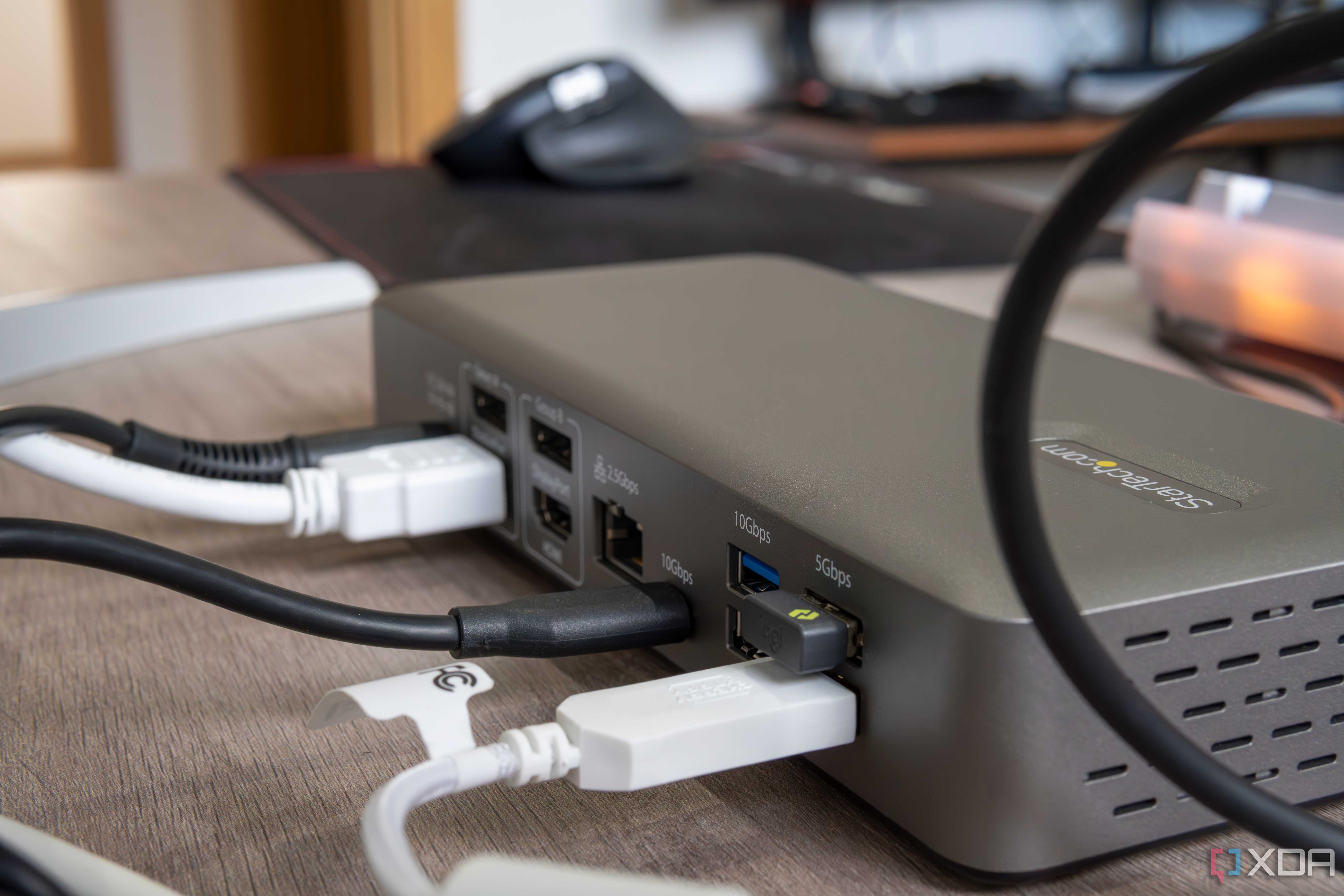 Angled rear view of the StarTech Thunderbolt 4 Multi-Display Docking Station with multiple