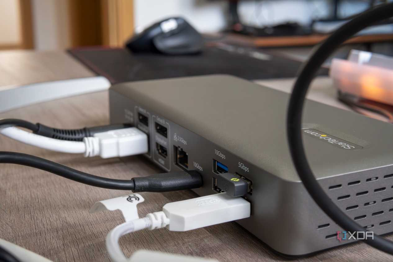 Angled rear view of the StarTech Thunderbolt 4 Multi-Display Docking Station with multiple
